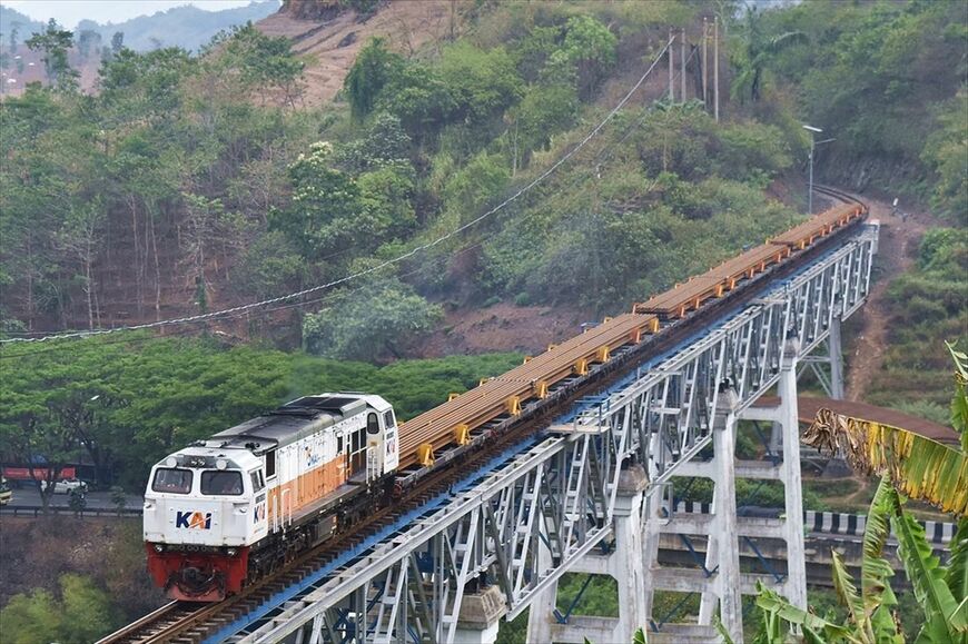 高速鉄道用の25mレール輸送。レールをしならせながら山間部を低速で輸送した（筆者撮影）