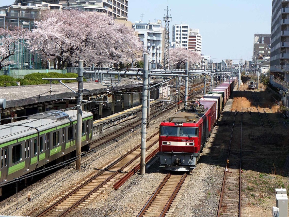 駒込駅の陸橋から見た、山手貨物線を走る貨物列車