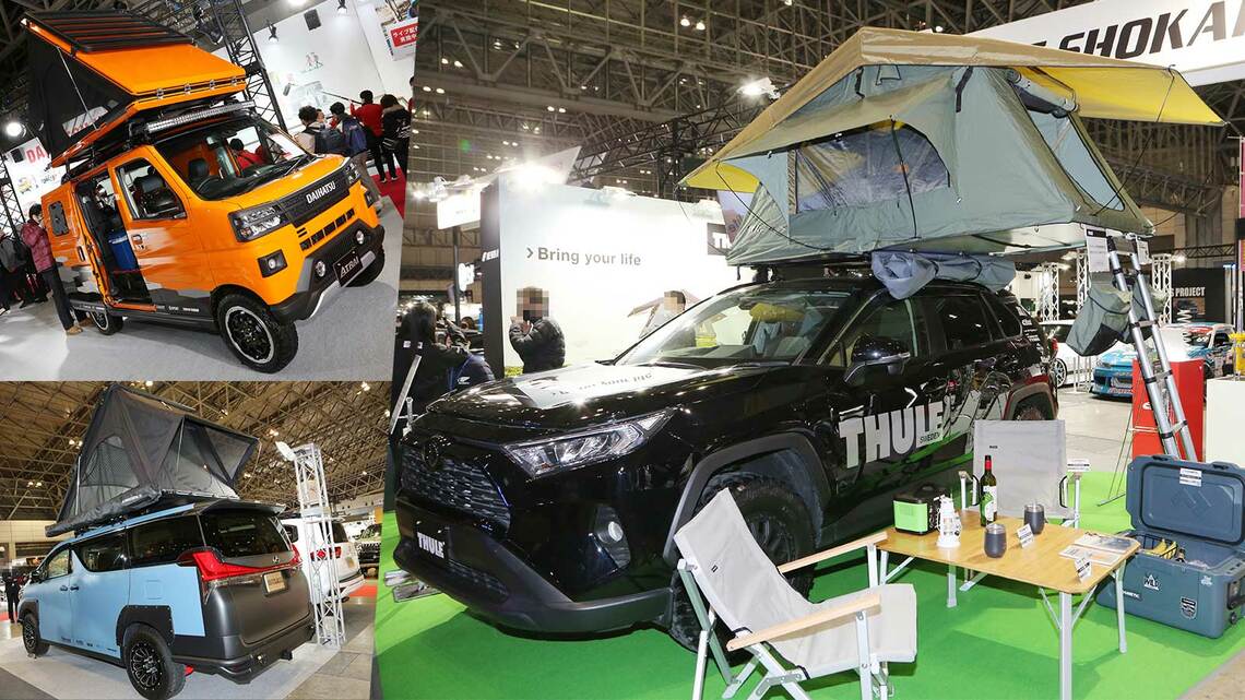 東京オートサロン2022に出展されていたルーフテントを装着した車両たち（筆者撮影）