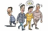 仲の良い三人のシニア男性たちと孤独なシニア男性のイラスト