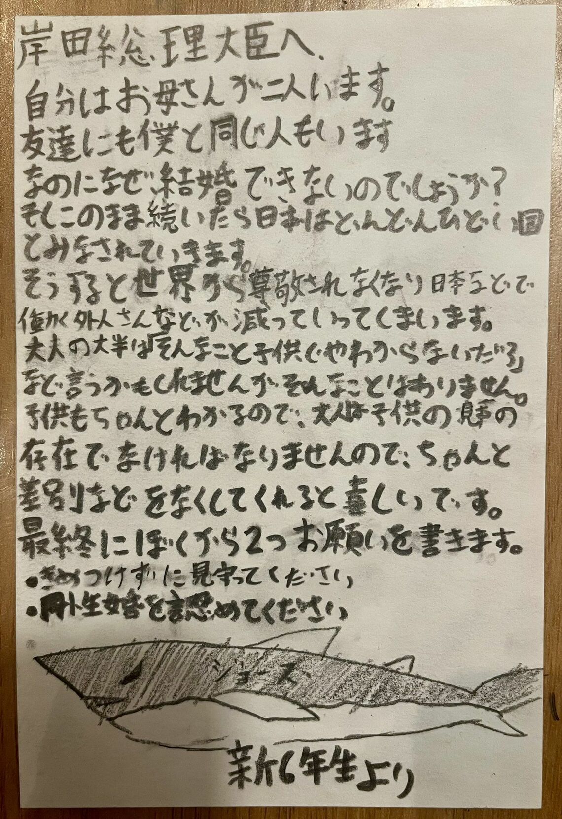 息子くんが「岸田総理に手紙を書こう！」プロジェクトで書いた手紙。手紙の一部は国会の質疑でも取り上げられた。このプロジェクトについては、びんさんが共同代表を務める「にじいろかぞく」に詳細が載っていて、プロジェクトは現在も続行中（写真提供：びんさん）