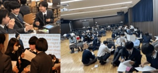 新渡戸文化中学校・高等学校での授業（左上）（左下）横浜創英中学・高等学校での授業（右）（写真：山本氏提供）