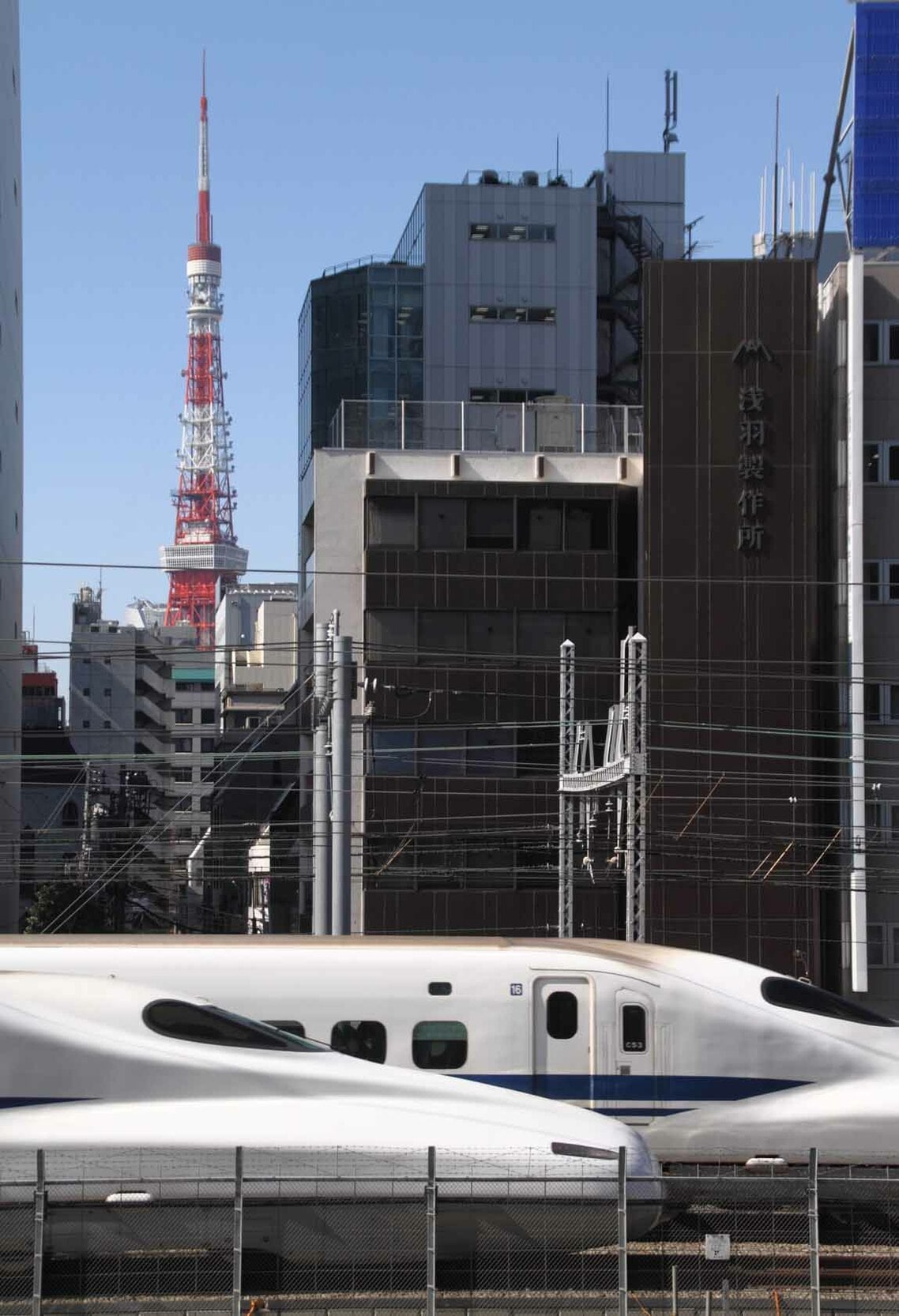 N700系（手前）・700系（奥）と東京タワー