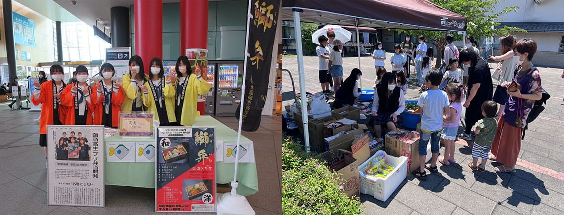 気候変動で漁獲量が激増するブリを活用した「鰤弁」を、函館駅で販売する函館商業の生徒たち（左）。奈良県立商業の図書館での活動。物販も行う（右）（写真：各校提供）