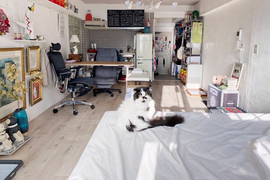 日当たりの良い12畳1R。収納がないため、荷物は少数精鋭です（筆者撮影）