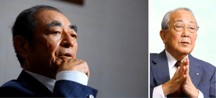 「古武士」の迫力がある古森重隆氏（左）と、さながら禅僧のような稲盛和夫氏（撮影：今井康一）