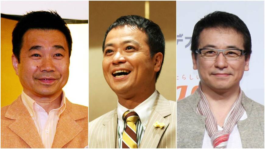 伝説の音楽番組『THE夜もヒッパレ』でMCを務めた三宅裕司氏（左）、中山秀征氏（中央）、DJとして番組を盛り上げた赤坂泰彦氏（写真：時事）