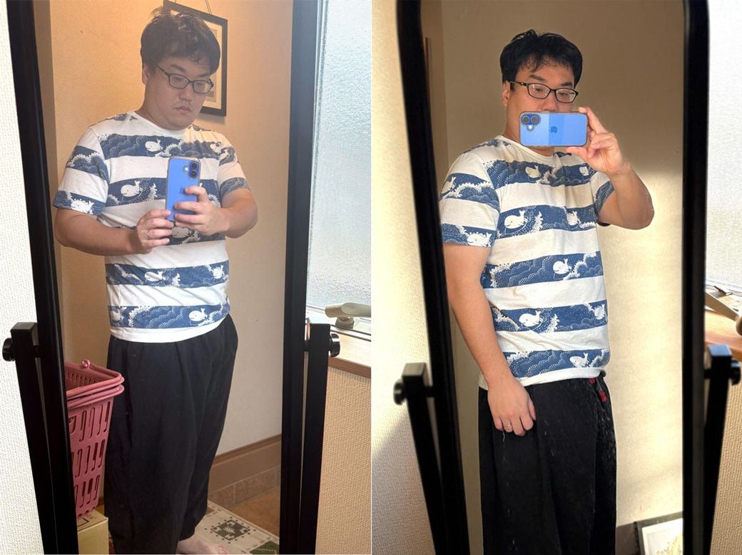 3カ月24時間ジムに通った筆者のビフォーアフター。96kg（左）から93.9kg（右）に。「大して変わっていないじゃないか！」と突っ込みたくなる方も多いと思うが…一応お腹は少しだけすっきりしてきた。続けることが大事なのでこの調子で頑張りたい（写真：筆者撮影）