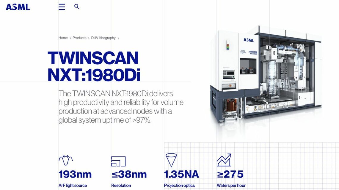 アメリカ政府は半導体製造装置の対中輸出規制の範囲を拡大し続けている。写真は2023年10月から禁輸対象となったAMSL製のDUV液浸露光システム（同社ウェブサイトより）