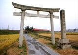 神社の鳥居と国鉄樽見線の列車（撮影：南正時）