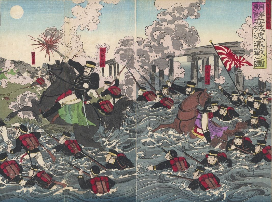 Нападение японцев в корейском порту. Иллюстрации к японо-китайской войне.