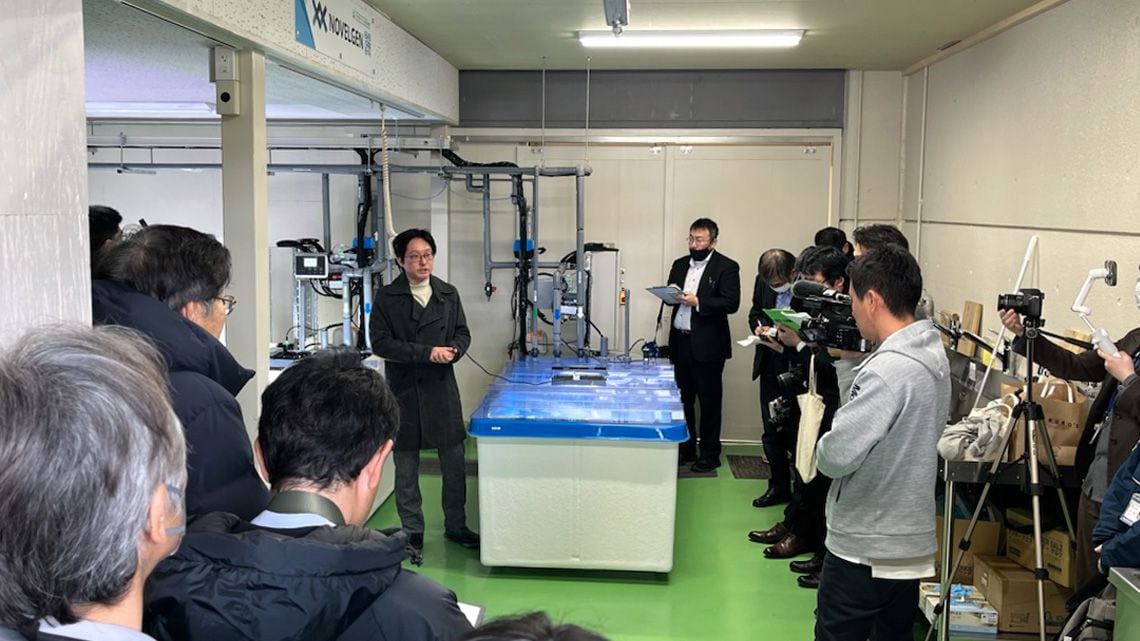 カキの短期肥育システムの実証設備の見学会の様子