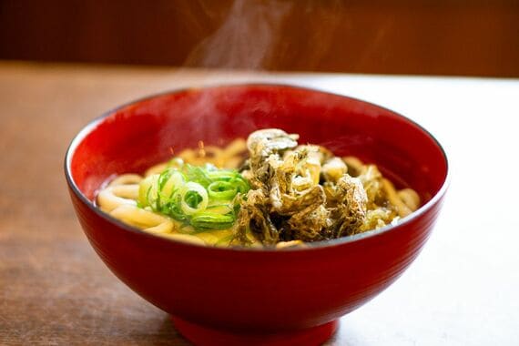 ネギとおぼろ具（80円）を乗せたかけうどん