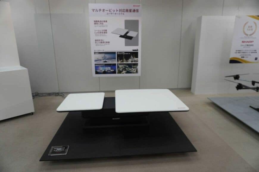 マルチオービット対応衛星通信端末のコンセプトモデル。低軌道用と中軌道用の2枚のフラットパネルアンテナで構成されている