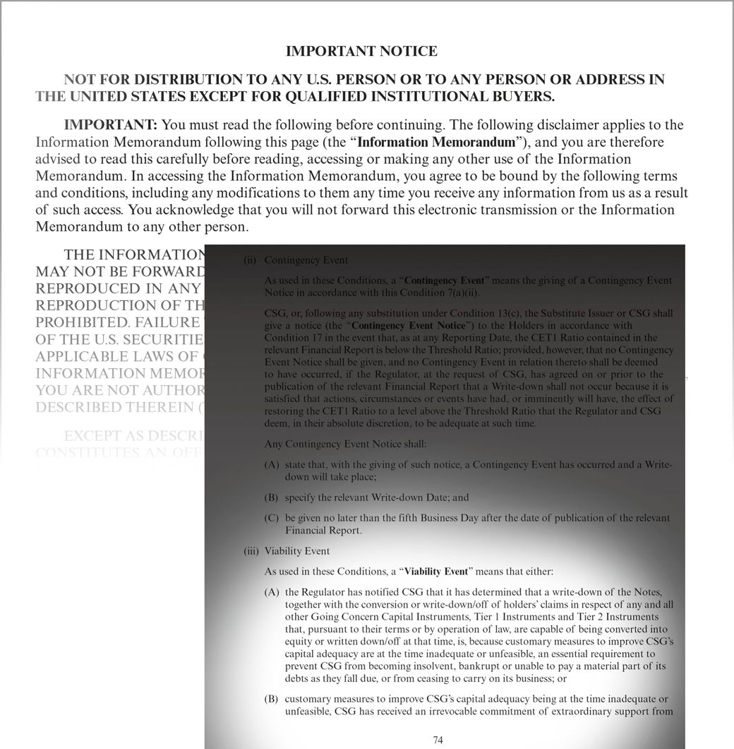 「元本削減条項」について記載したクレディ・スイスのAT1債目論見書
