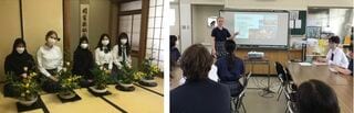 左／留学生の日本文化体験の様子、右／留学生から、異文化について学ぶ授業風景