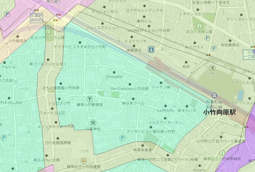 薄緑に色付けされている部分が”第一種低層住居専用地域”（国土交通省 不動産情報ライブラリより筆者作成）
