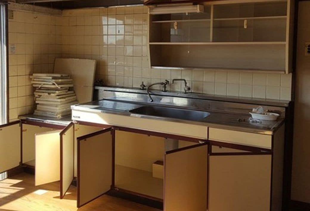 リフォーム前のキッチン。タイル壁の向こうに和室がある（画像提供／本人）