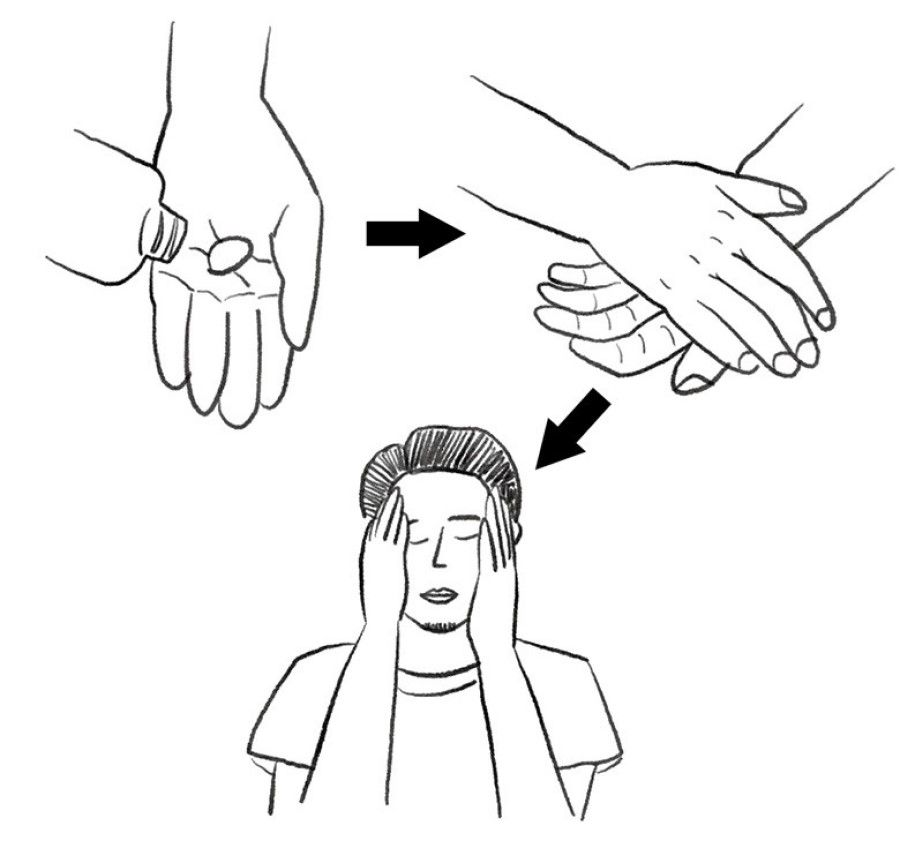 手のひらに化粧水を取り、両方の手のひらになじませたら、手のひらをそっと肌に押し付けるようにして顔全体に広げる。絶対に擦らない（イラスト：kaeko）