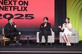 アンスクリプテッド作品が発表された「Next on Netflix 2025」に登壇した（右から）MEGUMI氏、テレビプロデューサー佐久間宣行氏、Netflix太田大氏（画像：Netflix）