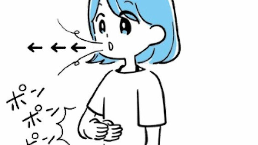 長引くマスク生活によって、気がつかないうちに呼吸が浅くなっていることも。呼吸の質を改善する、誰でもできるみぞおちケアを紹介します（イラスト：いしかわひろこ）