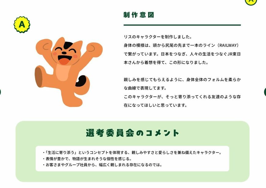 A案はリスのキャラクター。「親しみを感じてもらえるように、身体全体のフォルムを柔らかな曲線で表現すてます」とのこと（出所：JR東日本公式サイト）