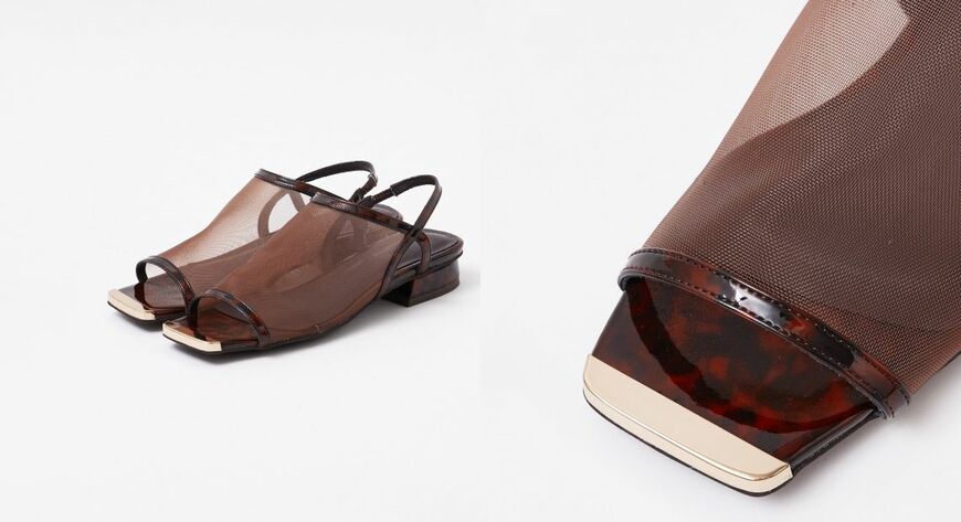 メタルトゥ メッシュサンダル （ブラウン基調のべっ甲柄）