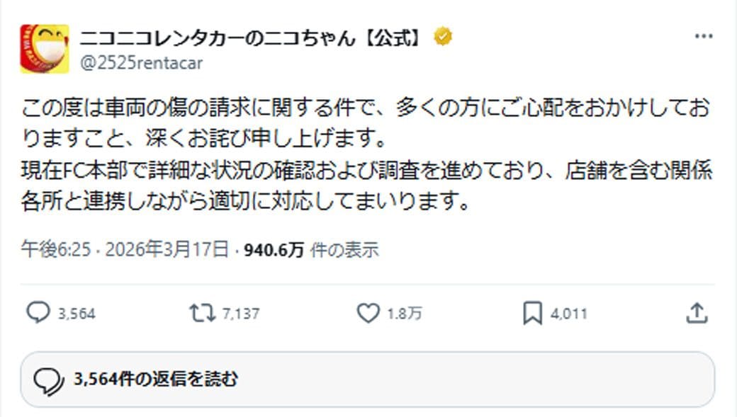 ニコニコレンタカーのニコちゃんのX