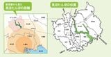 見沼たんぼの位置と都心からの距離（緑の部分の南東の端は川口市、提供：さいたま市）