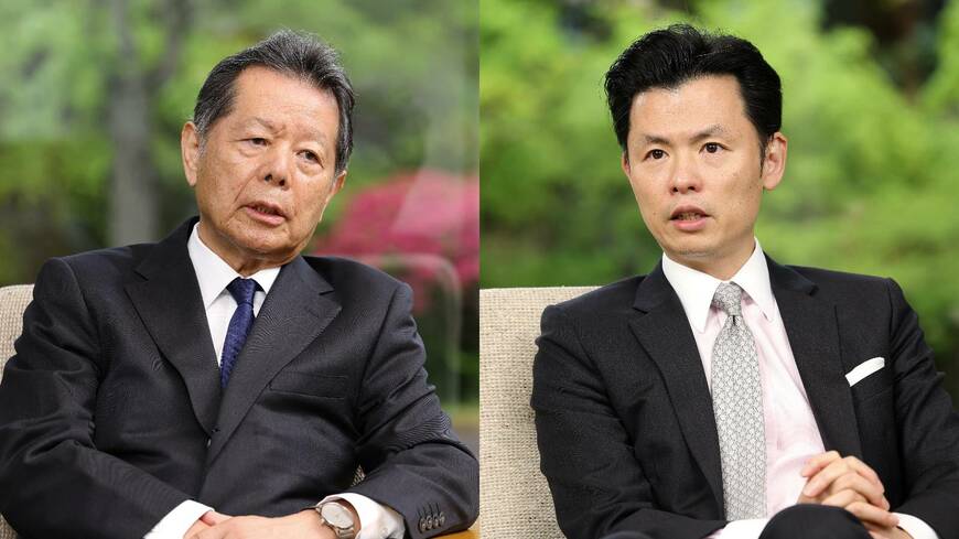 国際文化会館の近藤正晃ジェームス理事長（右）と、APIの船橋洋一理事長（撮影：尾形文繁）