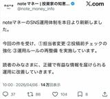 4月6日、noteマネー公式Xアカウントに投稿された、SNS運用体制変更を知らせるポスト（画像：noteマネー公式Xアカウントより）