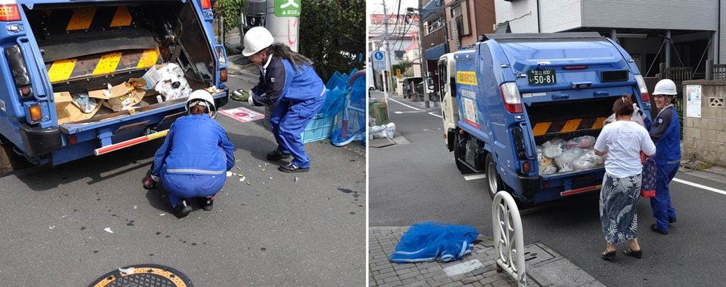 （左）散乱したごみを拾い上げる様子／（右）住民とのコミュニケーション（筆者撮影）