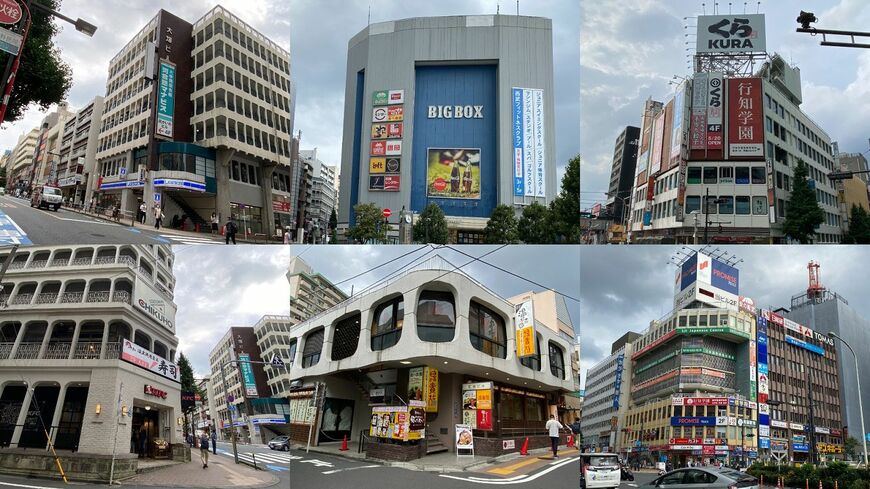 写真左上から時計回りに大輝ビル、BIG BOX、稲門ビル、名店ビルとFIビル、宝来ビル、三慶ビル（写真：筆者撮影）  