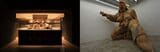 （左）野田シェフを中心に、クリエイティブな料理を生み出すキッチンスペース／（右）取材時に展示されていた森 靖（もり おさむ）さんの作品は高さ、幅ともに4メートル前後。巨大な作品が展示できるのも、このギャラリーの特徴（写真：古関千恵子）