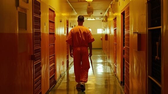 刑務所の廊下を歩くオレンジ色の服を着た囚人