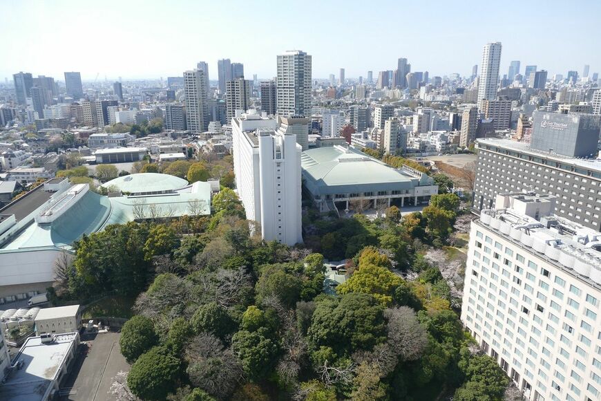 西側の眺め。建ち並ぶプリンスホテル（記者撮影）