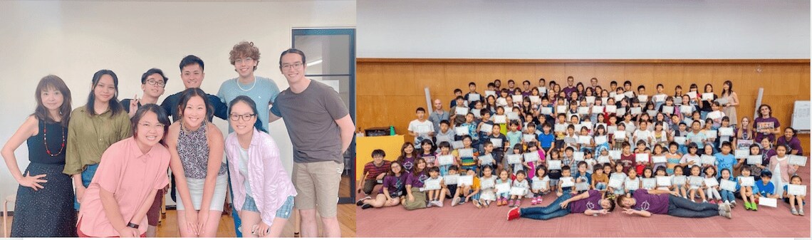 娘のすみれさんと共同で開発した、ハーバードの学生が講師を務めるサマースクールのプログラム「Summer in JAPAN」。ハーバードの学生（左）と、「Summer in JAPAN」に参加した子どもたち（右）
