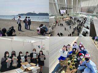 2学年全員でのビーチクリーン活動（左上）。瀬谷西SDGsフェスティバルの会場は横浜市役所（右上）、美容プロジェクトに取り組んだ生徒たち（左下）。フラワーロードプロジェクト（右下）（写真：黒崎氏提供）