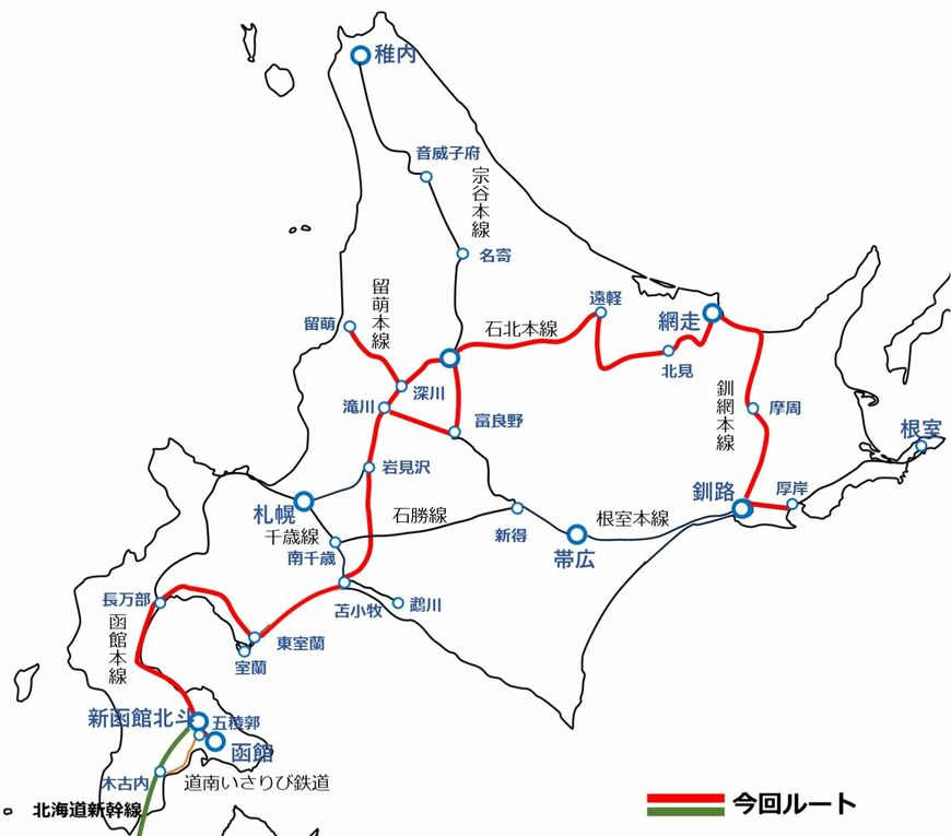 北海道＆東日本パスを利用して回ったルート（筆者作図）