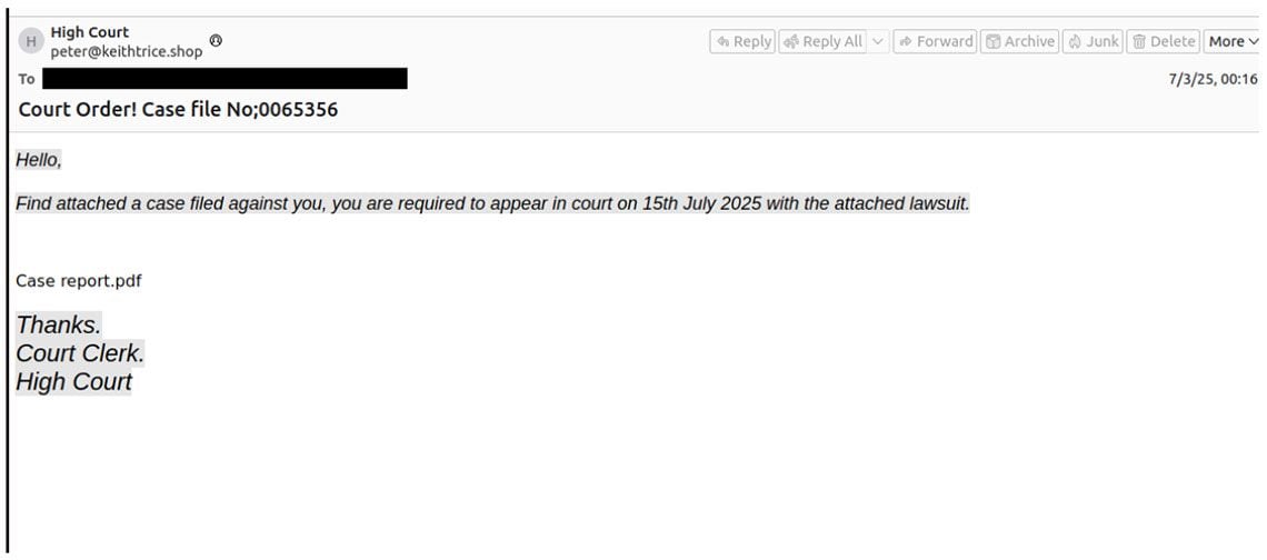 裁判所を装った英語のメール文面