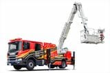「21mブーム付多目的消防ポンプ自動車 MVF21、EV 巡回車」も大阪・関西万博に配備された（写真：モリタホールディングス）