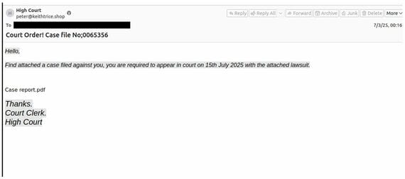裁判所を装った英語のメール文面