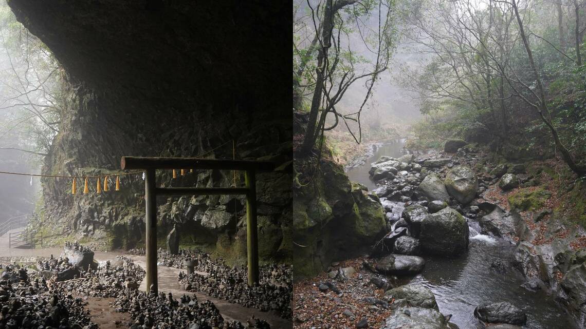 天の岩屋（左）と天の安河原（右）。天岩戸（あまのいわと）神社から北に歩き岩戸川へ下ると仰慕窟（ぎょうぼがいわや）に出る。洞窟の奥には天の安河原宮がある