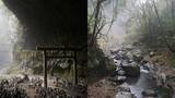 天の岩屋（左）と天の安河原（右）。天岩戸（あまのいわと）神社から北に歩き岩戸川へ下ると仰慕窟（ぎょうぼがいわや）に出る。洞窟の奥には天の安河原宮がある