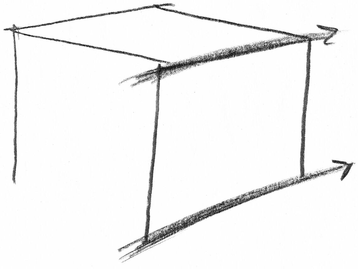 立方体を描くとき、上面の右辺を基準にして底面の右辺を引けば、整合性のとれた絵が簡単に描ける（出所：『たった30日で「プロ級の絵」が楽しみながら描けるようになる本』）