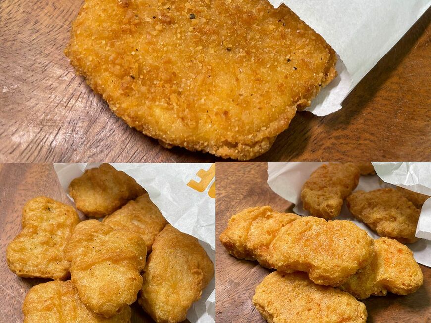 （写真上から時計周り）スナックチキン（150円）、チキンナゲット ゴールデンチージー5ピース（270円）、チキンナゲット5ピース（200円）。チーズが入ったゴールデンチージーは2022年9月から期間限定で販売されているが、12月16日現在も販売されており、終売時期は明確に示されていない （筆者撮影）