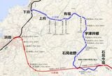 今福線の旧線（1968年認可）と新線（1969年認可）の位置関係。宇津井郷駅の位置は筆者推定（国土地理院地形図を筆者加工）