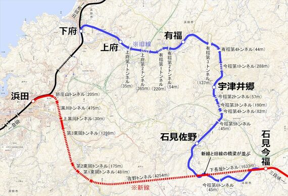 今福線 旧線と新線の図