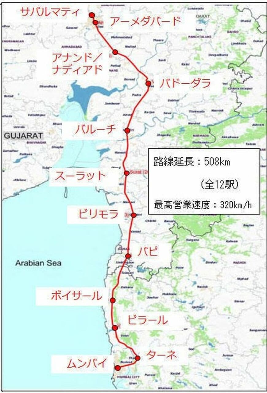 ムンバイ―アーメダバード間高速鉄道 路線図