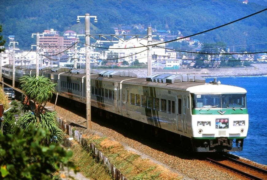 伊豆急線内を走る185系の「踊り子」。斜めストライプの塗装は斬新だった（撮影：南正時）